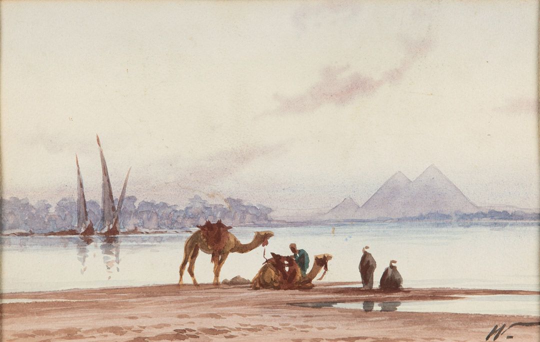 Untitled (A Scene on the Nile with Arabs and Camels in the foreground, and the Pyramids)
