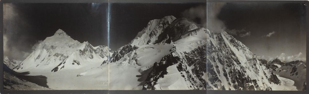 Panoramic View of K2, Staircase Peak and Edge of Baltoro Glacier from Windy Gap [Karakoram Mountain Range, Himalayan Peaks in Cashmere]