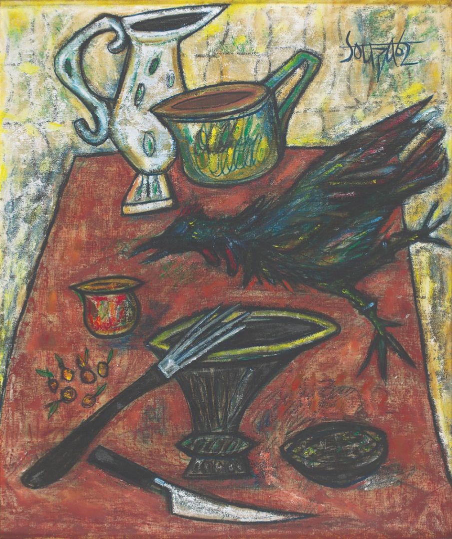 Untitled (A Still Life of Kitchen Implements and a Rooster on a Table)