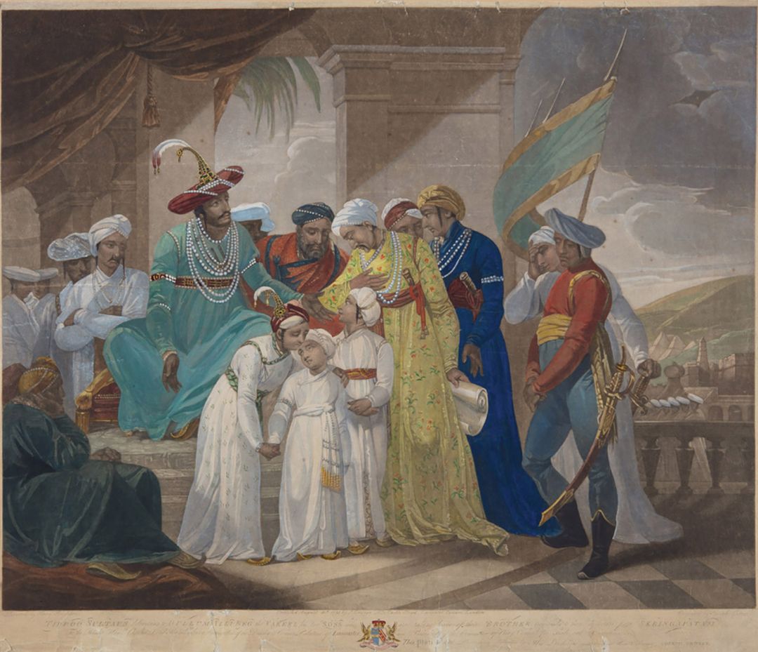 Tippoo Sultaun delivering to Gullum Alli Beg His Vakeel His Two Sons Who are Taking Leave of Their Brother Previously to Their Departure from Seringapatam 