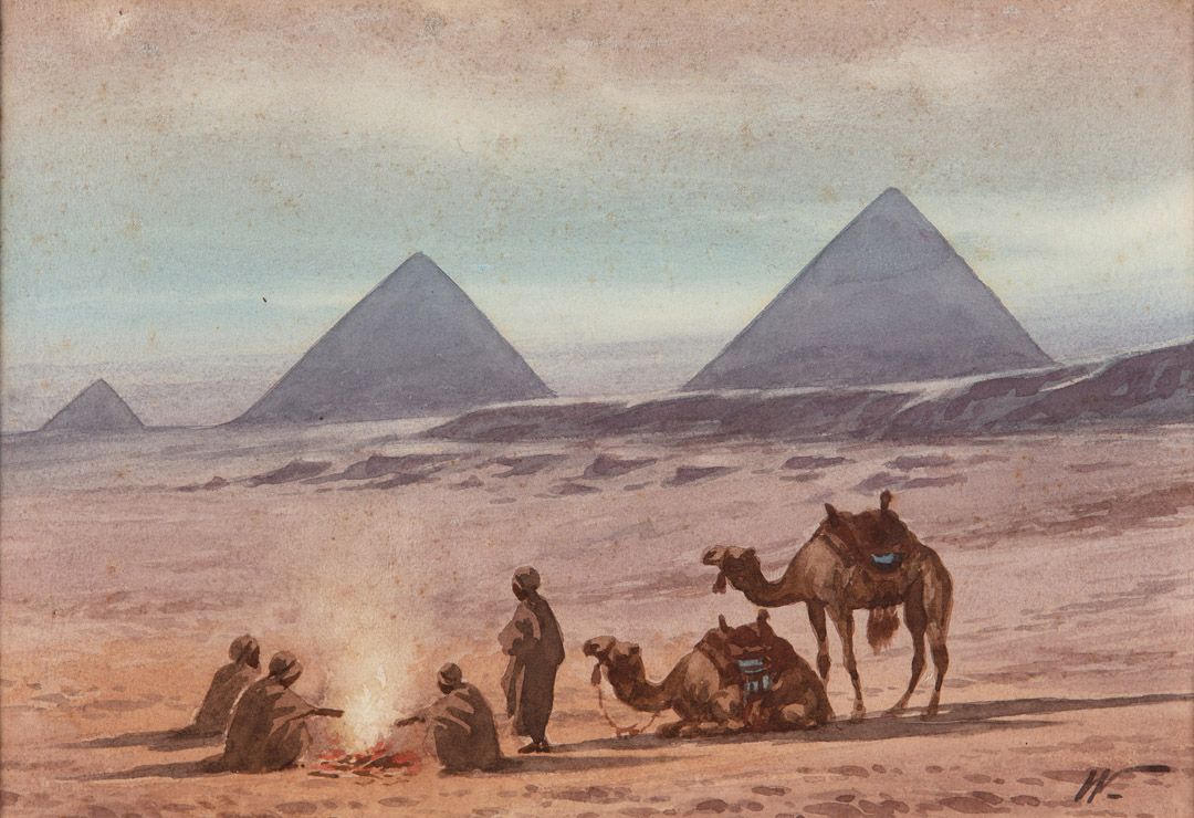 Untitled (Arabs and their Camels by the Fireside, with the Pyramids in the Distance)