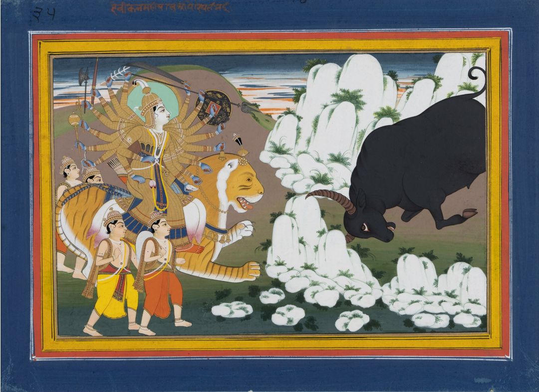 Durga confronts the Bull Demon, Mahishasura (An Illustration from a Markandeya Purana Series)